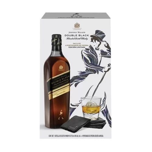 WHISKY JOHNNIE WALKER DOUBLE BLACK 750 ml. + 4 PORTAVASOS
