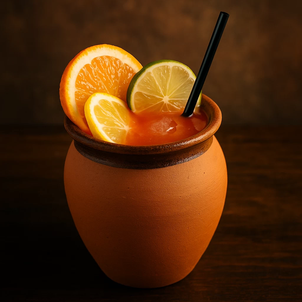 Cantarito de tequila tradicional servido con cítricos