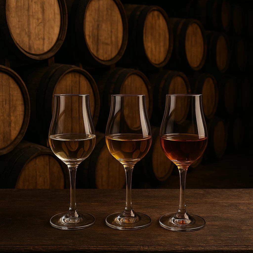 Barricas de maduración de tequila y copas con tequila blanco, reposado, añejo